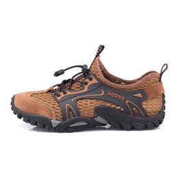 Summer Breathable Men Hiking Shoes Suede + Mesh Outdoor Men Sneakers Climbing Shoes Men Sport Shoes Quick-dry Water Shoes (Color: Brown)